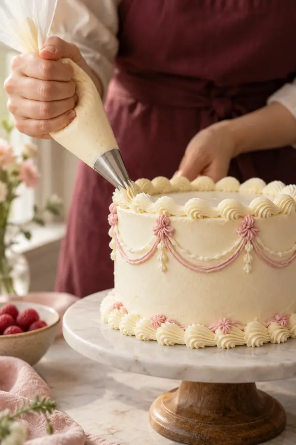 Imagem ilustrativa de mãos decorando um bolo com creme