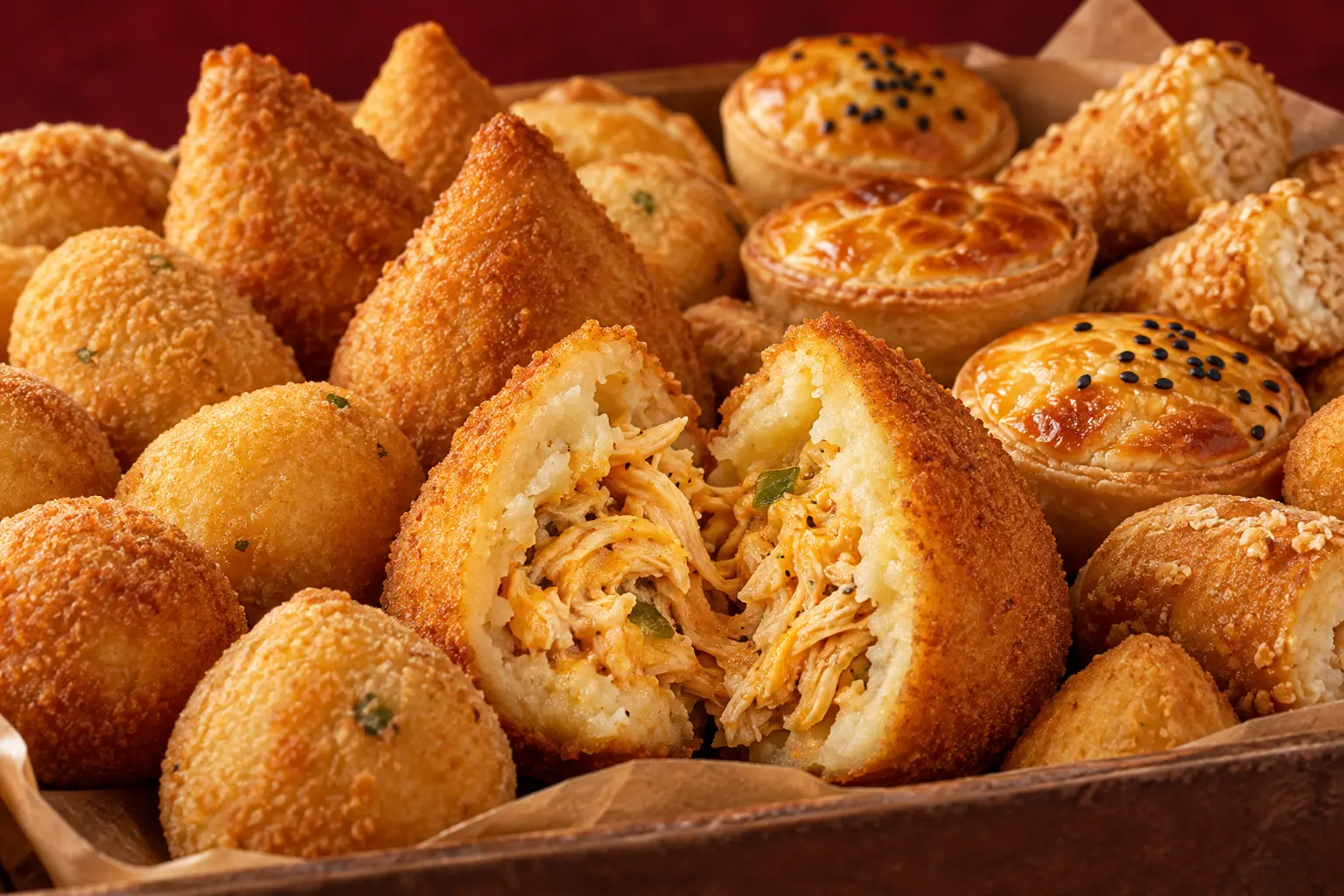Seleção de salgadinhos com coxinhas e empadas