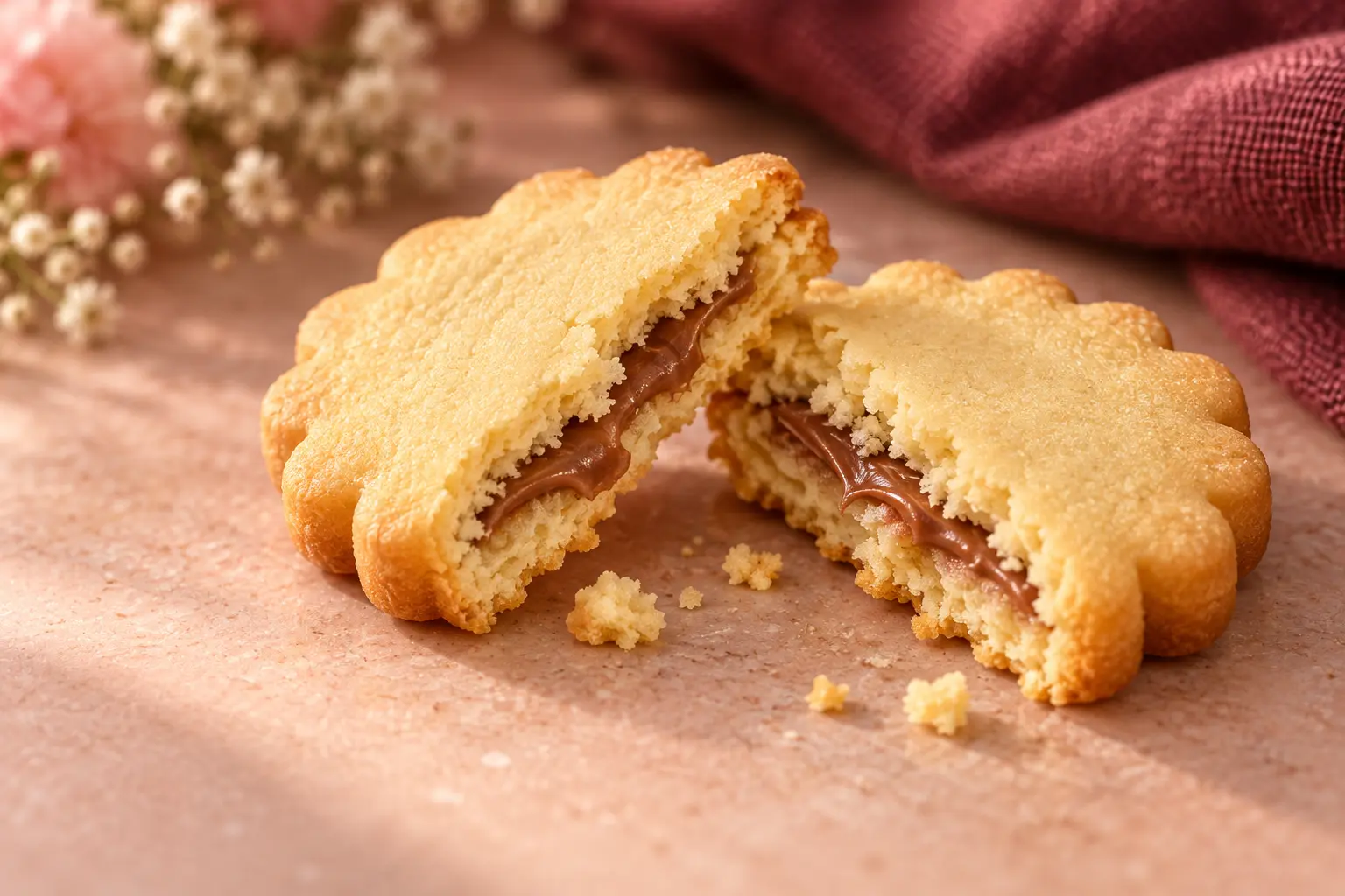 Biscoito amanteigado partido com recheio de creme de avelã