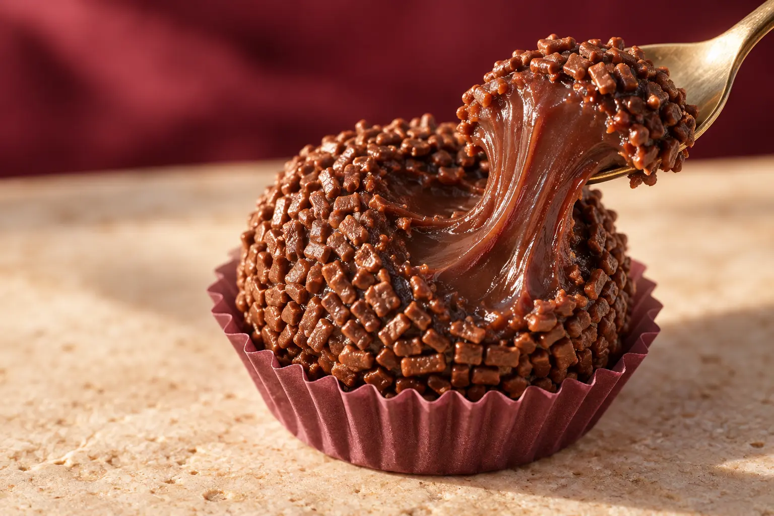 Brigadeiro de chocolate aberto com colher
