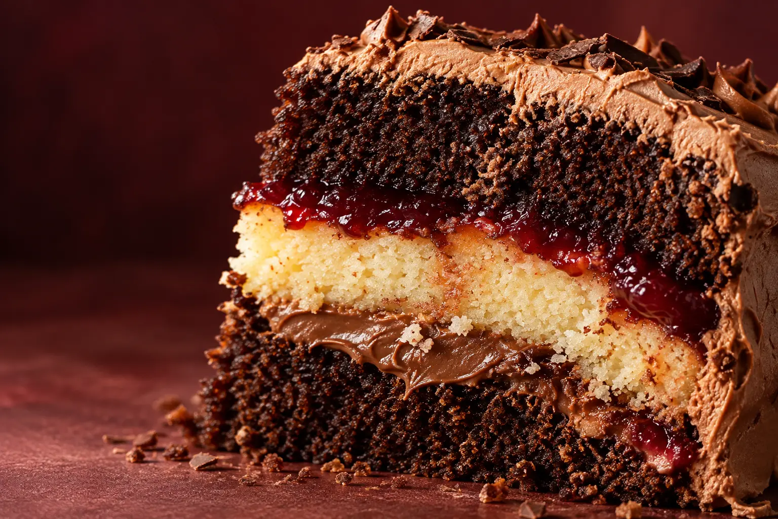 Fatia de bolo com camadas de chocolate, massa amanteigada, brigadeiro e geleia