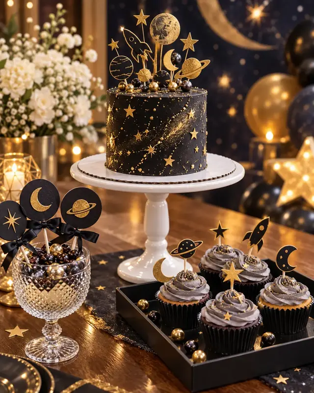 Bolo e cupcakes com tema de galáxia