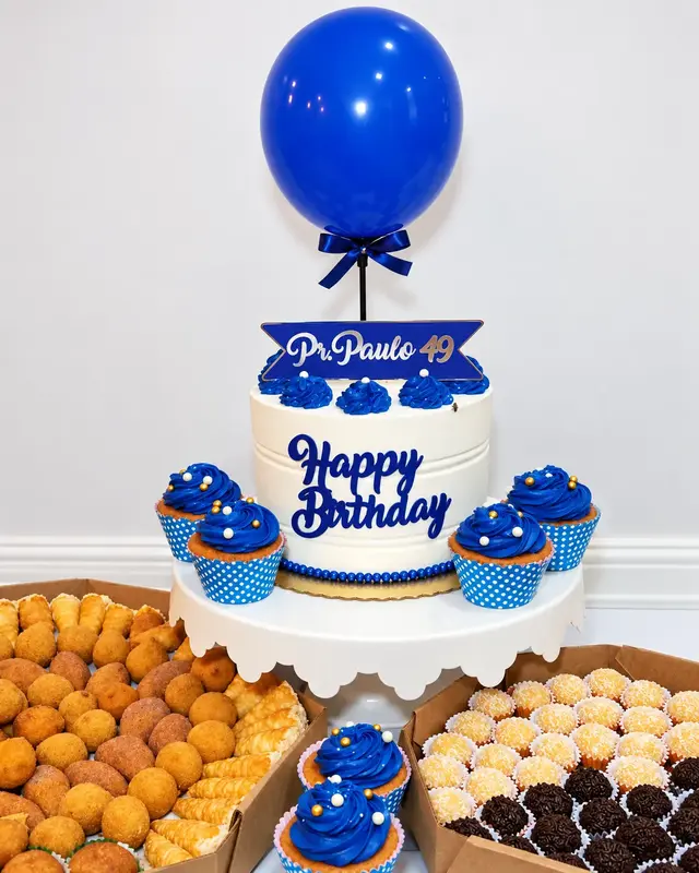 Kit festa azul com bolo, cupcakes, salgadinhos e doces