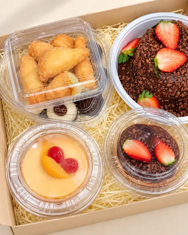 Kit surpresa com bolo de chocolate, morangos e doces variados